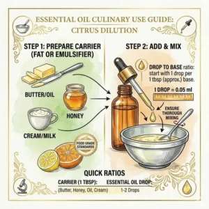 An easy-to-follow dilution chart for safely measuring essential oils food grade in daily recipes.