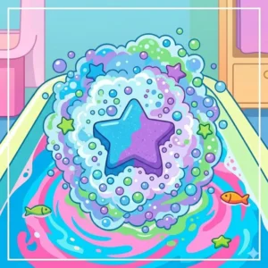 Illustration of a bright blue and purple bath bombs for kids fizzing and creating bubbles in a bathtub.
