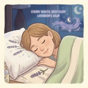 Illustration of a person sleeping peacefully under a starry night sky, representing the deep sleep benefits of lavender pillow mist.