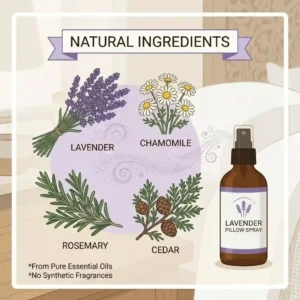 A close-up illustration of fresh lavender sprigs and botanicals for an organic lavender pillow spray blend.