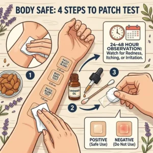 A four-step visual guide on how to perform a skin patch test with body safe essential oils.