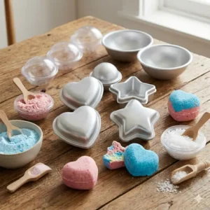 An assortment of custom shaped bath bomb molds including spheres, hearts, and stars.