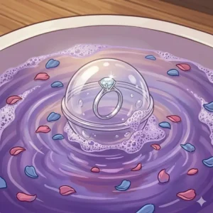 A small protective plastic capsule containing a hidden ring floating on top of colorful bath foam.
