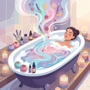 A calming illustration of a person relaxing in a bubble bath with scented bath balms, surrounded by lit candles.