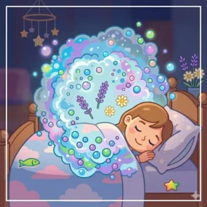 A peaceful illustration of a child enjoying a relaxing bath with lavender-scented bath bombs for kids before bed.