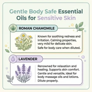 A list of gentle body safe essential oils specifically recommended for people with sensitive skin types.