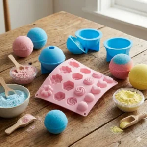 A flexible pink silicone bath bomb molds showing multiple cavities for molded bath fizzies.