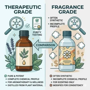 Comparison chart between fragrance grade and therapeutic grade from the best quality essential oil brands.