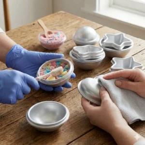 Gently releasing a perfectly formed spherical bath bomb from two piece aluminum bath bomb molds.