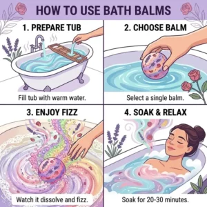 A step-by-step instructional illustration showing how to use bath balms for the ultimate self-care routine.