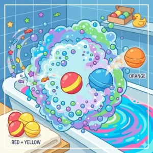 Illustration of yellow and blue bath bombs for kids mixing to turn bath water green, teaching kids about colors.