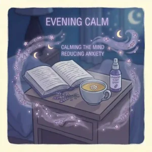 Illustration of a calming bedtime routine featuring a book, a cup of chamomile tea, and a bottle of lavender sleep spray.