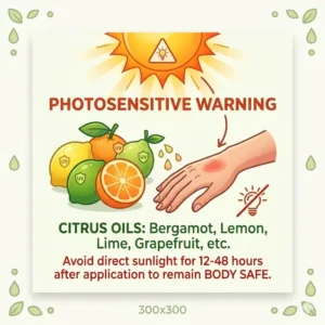 Educational graphic about sun sensitivity and photosensitive citrus body safe essential oils.