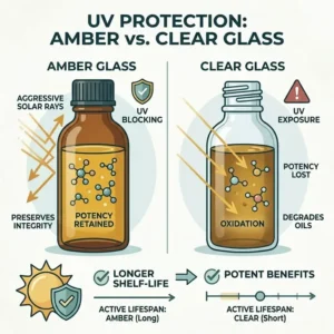 Illustration showing how amber glass protects the potency of products from the best quality essential oil brands.