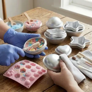A beginner DIY bath bomb molds starter kit featuring molds, essential oils, baking soda, and citric acid.