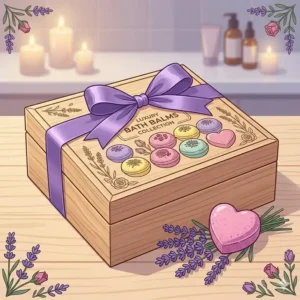 A beautifully designed illustration of a luxury bath balms gift box set wrapped with a satin ribbon.