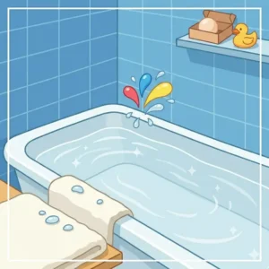 Illustration showing how easy it is to rinse away colors from a bathtub after using bath bombs for kids.