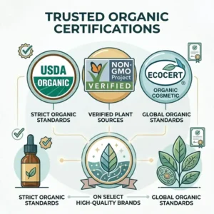 Trusted organic and non-GMO certification seals found on the best quality essential oil brands.