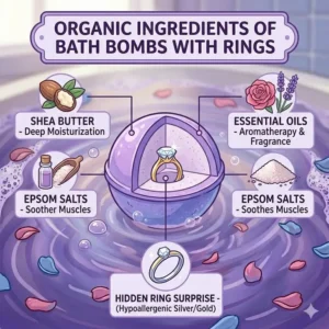 An illustration detailing the natural ingredients of handmade bath bombs with rings, featuring shea butter, essential oils, and Epsom salts.