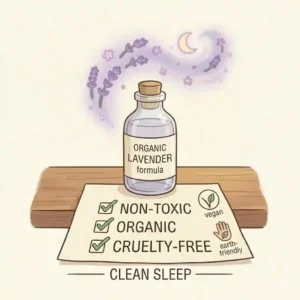 Line art illustration with checkmarks highlighting the non-toxic, organic, and cruelty-free formula of a premium lavender sleep spray.