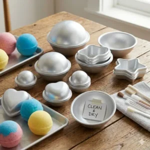 Clean and dry aluminum bath bomb molds stacked neatly together on a shelf.