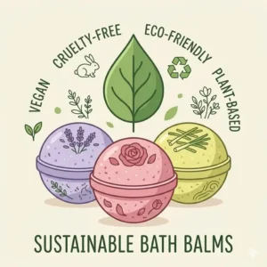 A minimalist illustration highlighting eco-friendly, vegan, and cruelty-free bath balms with a green leaf icon.