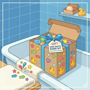 A beautifully packaged box of assorted bath bombs for kids, perfect for birthday party favors or holiday gifts.