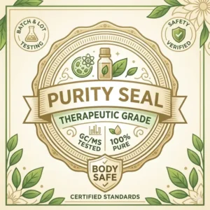 An icon-based graphic representing purity and therapeutic grade standards for body safe essential oils.