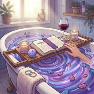 A relaxing bathroom scene with a book, a glass of wine, and a colorful swirling tub created by bath bombs with rings.