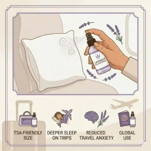 A minimalist illustration of a compact, portable bottle of lavender pillow spray for travel.