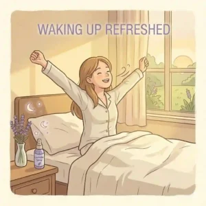 Illustration of a well-rested person waking up happily in the morning, showing the results of using lavender sleep spray.