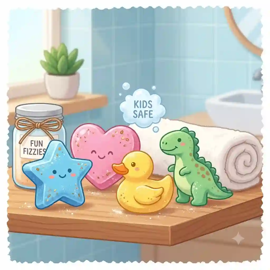 A vibrant collection of colorful childrens bath bombs shaped like stars and animals, neatly arranged on a bathroom shelf.
