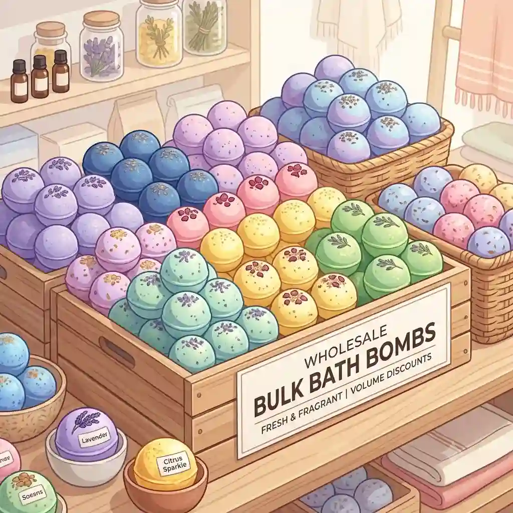 A large wholesale assortment of colorful bulk bath bombs arranged neatly by scent.