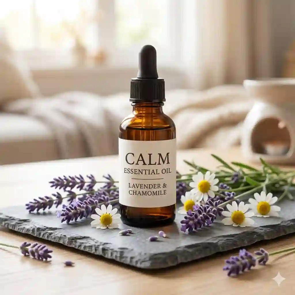 A dark amber dropper bottle of calm essential oil surrounded by fresh purple lavender buds and chamomile flowers on a slate surface.