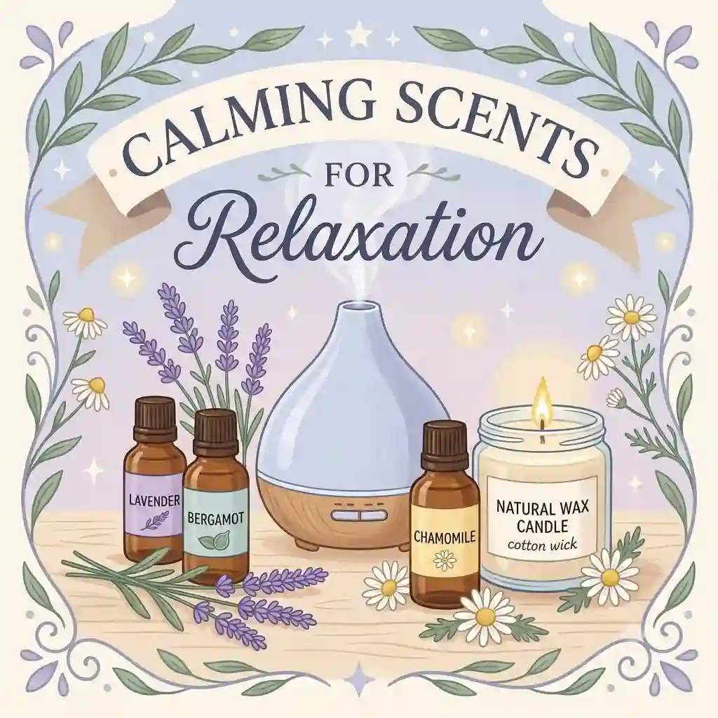 A serene wellness setup featuring essential oil bottles and a burning candle to represent calming scents for relaxation.