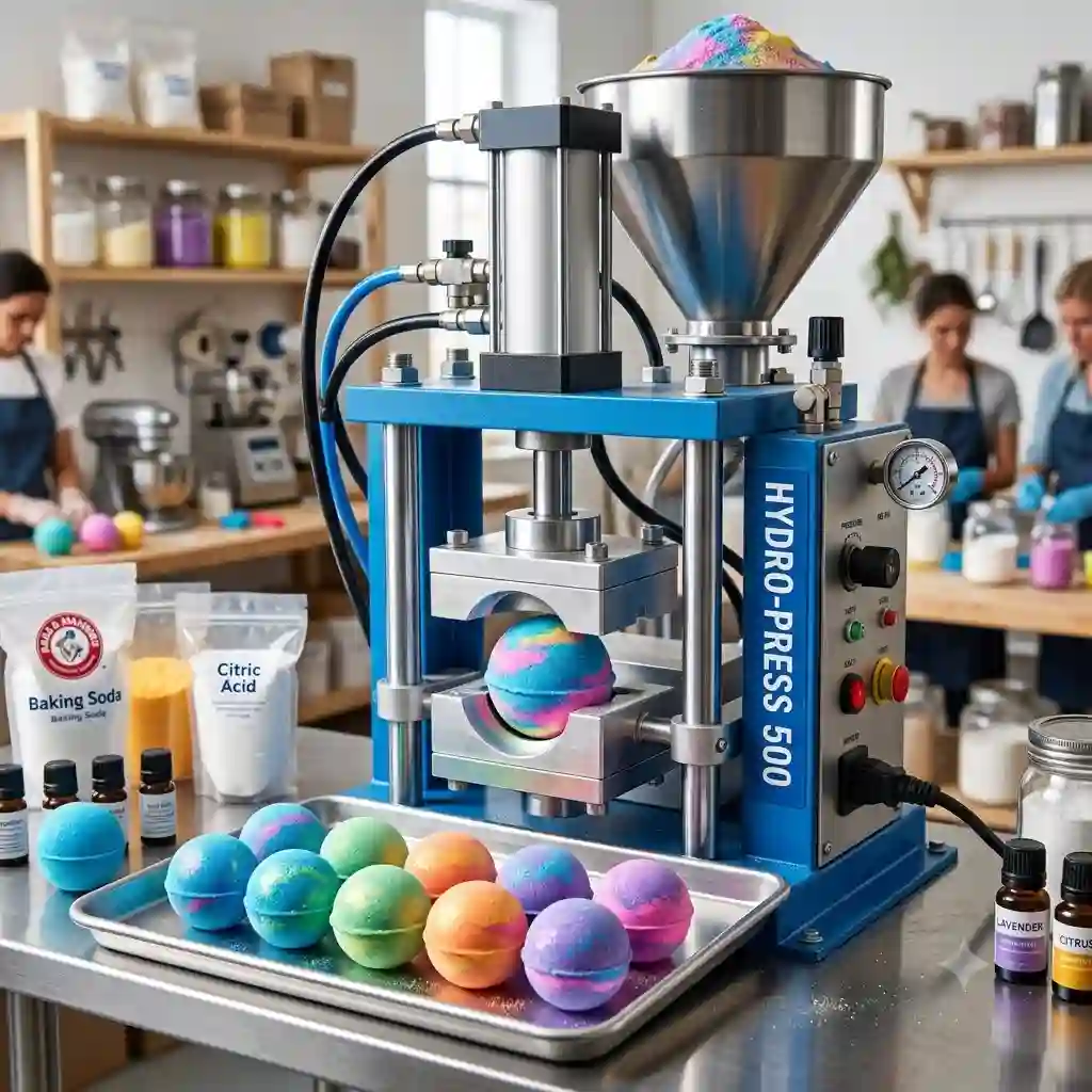 A heavy-duty industrial bath bomb press machine molding perfect spherical bath bombs in a manufacturing workshop.
