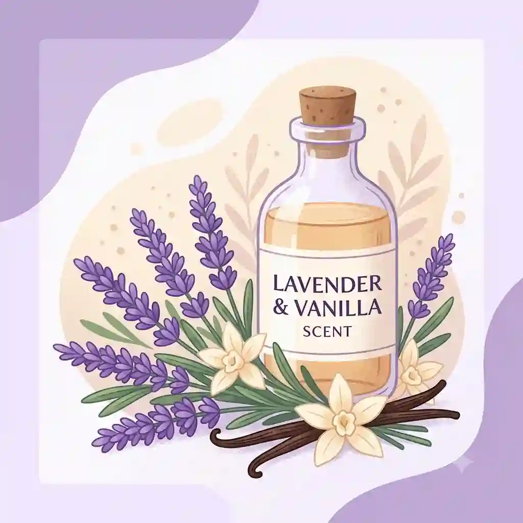 A bottle of essential oil surrounded by fresh purple blossoms and vanilla beans, highlighting a natural lavender and vanilla scent.