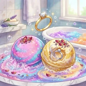 A colorful bath ball with rings fizzing in warm tub water and releasing a hidden capsule.