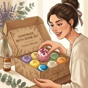 An illustration of a hand opening an organic bath bomb set, perfect for gifting to someone special.