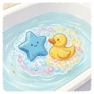 An illustration of a colorful childrens bath bomb fizzing and swirling in warm bathwater.