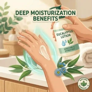 An illustration highlighting the deeply moisturizing benefits of infusing eucalyptus lotion into a daily skincare routine.