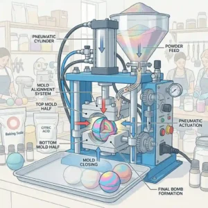A detailed diagram illustrating the pneumatic operation and mold alignment of an automatic bath bomb press machine.