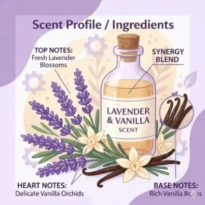 A botanical illustration showing a breakdown of the lavender and vanilla scent with sprigs of lavender and a whole vanilla pod.