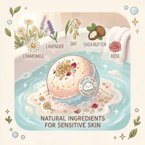 An illustration of natural ingredients used in bath bombs for sensitive skin, including oatmeal flakes, shea butter, and organic chamomile flowers.
