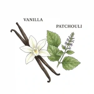 2: A minimalist botanical illustration detailing vanilla and patchouli plant elements.