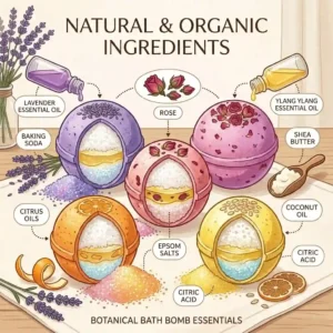 A detailed graphic showing the natural ingredients included in a botanical bath bomb set, such as essential oils and shea butter.
