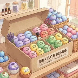 A retail store display showing ideas for presenting bulk bath bombs to customers.