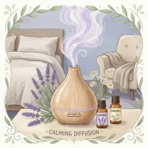 Digital illustration of an aromatherapy diffuser dispersing calming scents into a peaceful bedroom environment.
