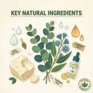 A flat lay vector illustration of fresh eucalyptus branches, nourishing shea butter, and eucalyptus lotion ingredients.