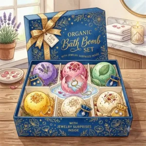 An open elegant gift box containing a set of organic bath balls with rings inside.